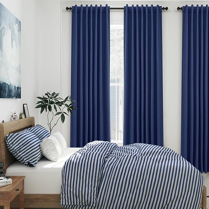 Full Black Out Classic Blue Window Curtains 84 Inches Long Back Tab Rod Pocket Cooling Flax Linen Drapes Full Light Black Out 2 Panels Set for Dining Room Boho Farmhouse Curtains Drapes 52x84