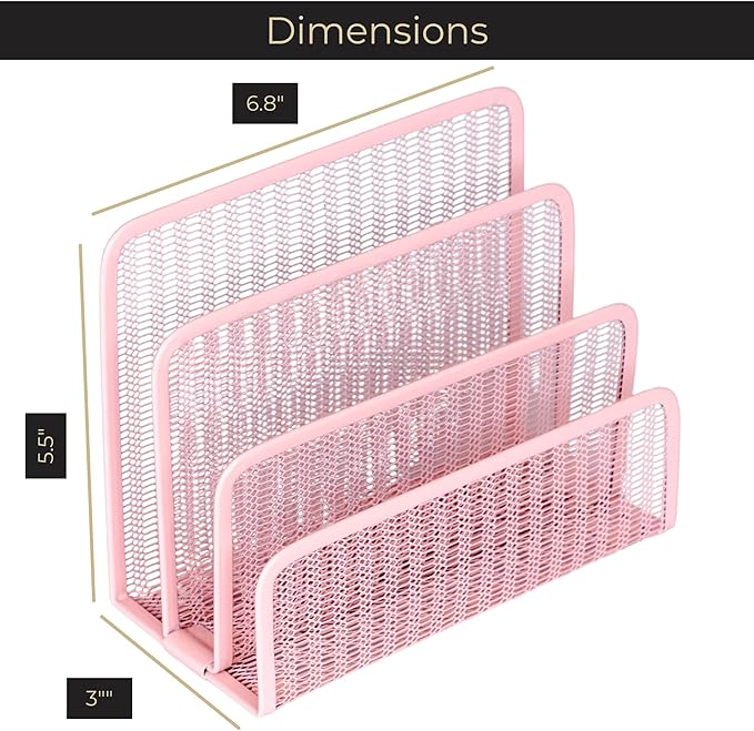 BLU MONACO Pink Metal Mesh Letter Sorter – 3-Slot Mail Organizer for Desk, Office & Home – Space-Saving Vertical Mail Holder for Envelopes, Documents & Files – Stylish Desk Organizer