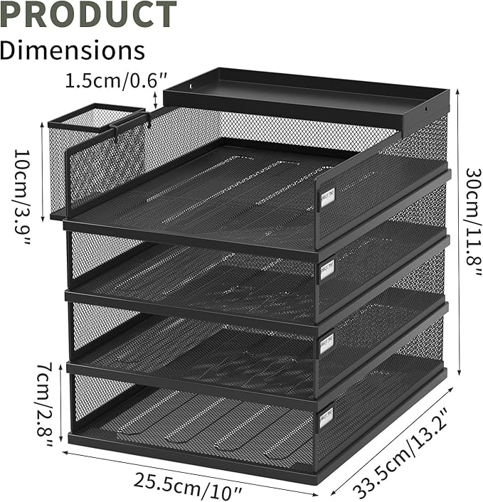 Stackable Letter Trays, 4 Tier Metal Paper Tray & Desk Organizer, Stackable File Trays for Office & Home, Multi-Functional Document Tray with Fine Grid Design & Magnetic Labels,Black
