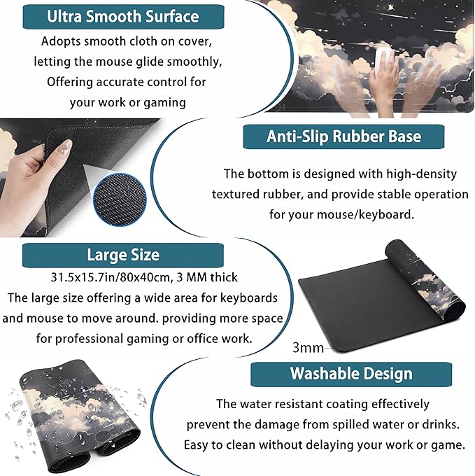 Black Anime Cloud Desk Mat XXL Large Gaming Mouse Pad Computer Laptop Mat, Extended Non-Slip Rubber Base Mousepad Keyboard and Mouse Mat, Night Sky Desk Pad with Stitched Edges, 31.5x15.75 in