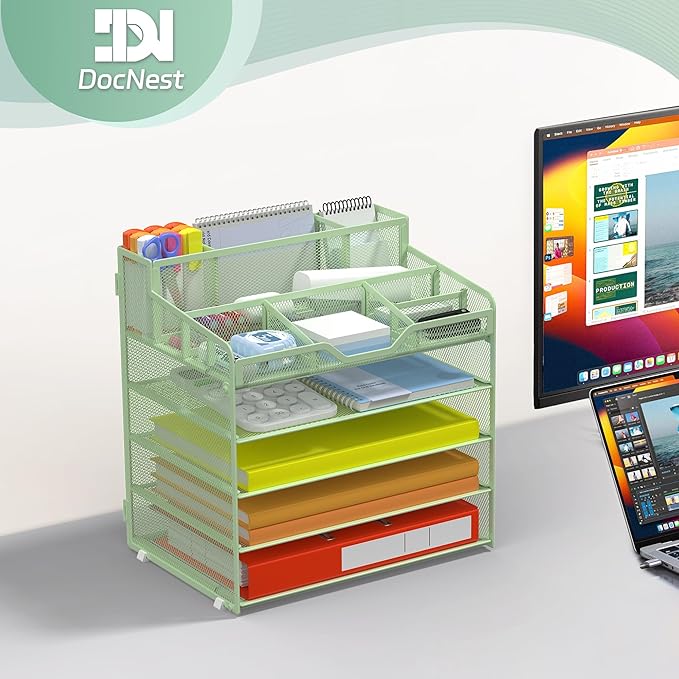 Docnest 5 Tier Mesh Desk Organizer for Paper Office Supplies – Multi-Functional Letter Tray with 5 Adjustable Compartments, 3 Pen Holders, Desktop Storage for Files, Mail, Stationery – Green