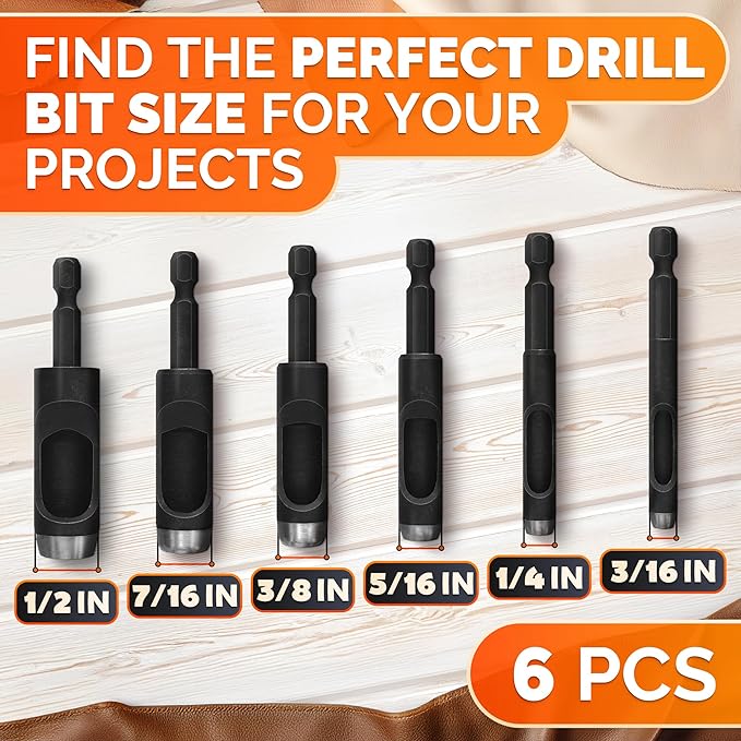 Leather Hole Punch Tool Set - 6 Pcs Drill Bits 3/16" 1/4" 5/16" 3/8" 7/16" 1/2" - High-Precision Leather Punch Tool for Belts, Fabric, and Crafts - Durable Carbon Steel, Sharp and Efficient