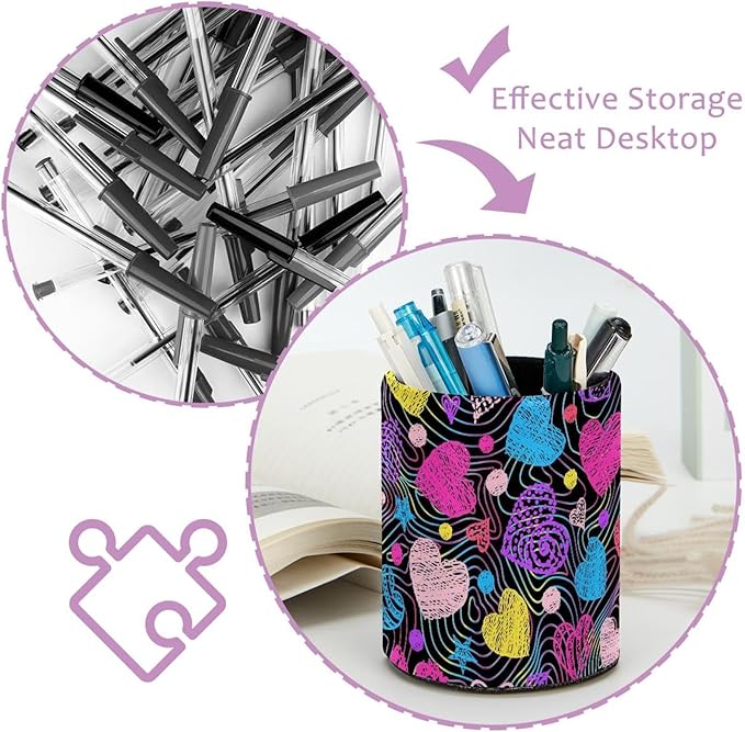 Pen Holder Pencil Holder for desk, Round Desktop Organizer Heart Valentine's Day Pencil Cup for Office, School, Home and Stationary Supplies