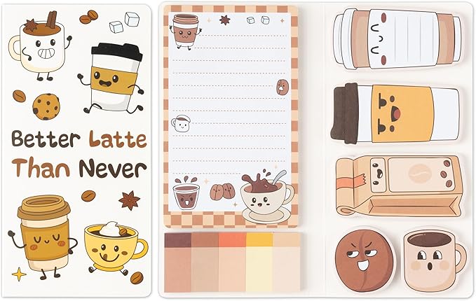 B1ykin Sticky Notes Set, Cartoon Theme Cute Self-Stick Notes Pad Teacher Appreciation Gifts, Self-Adhesive Writing Memo Pages Sticky to Do Notepad Thank You Gift for School Classroom (Latte Coffee)