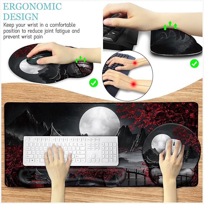 Japanese Mouse Pad Large Desk Mat Set, XXL Anime Full Moon Ergonomic Mousepad with Wrist Rest, Wrist Support Gaming Keyboard Mat Cup Coaster Set, Japanese Style Office Desk Accessories