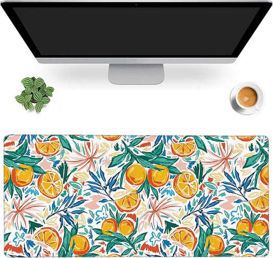 MIOAOSRT Desk Mat,Colorful of Summer Fruits Orange and Leaves Gaming Mouse Pad,XXL Extended Mouse Pad Mat for Office,Computer,Keyboard with Non-Slip Base Stitched Eges Mousepad 35.4x15.75 inch