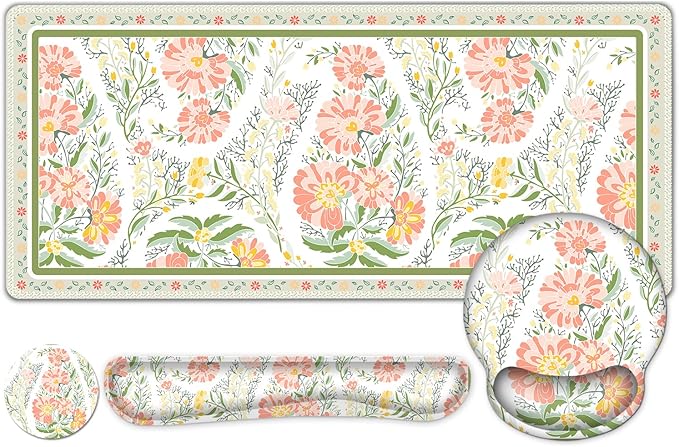 Desk Mat, 4in1 Large Mouse Pad with Wrist Rest, Cute Desk Matt for Desktop, Deskpad Mat, Anti-Slip XXL Computer Ergonomic Mousepad with Wrist Support for Keyboard and Mouse I Elegant Daisy Florals