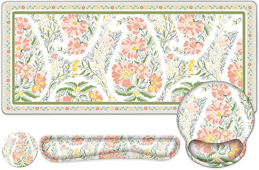 Desk Mat, 4in1 Large Mouse Pad with Wrist Rest, Cute Desk Matt for Desktop, Deskpad Mat, Anti-Slip XXL Computer Ergonomic Mousepad with Wrist Support for Keyboard and Mouse I Elegant Daisy Florals