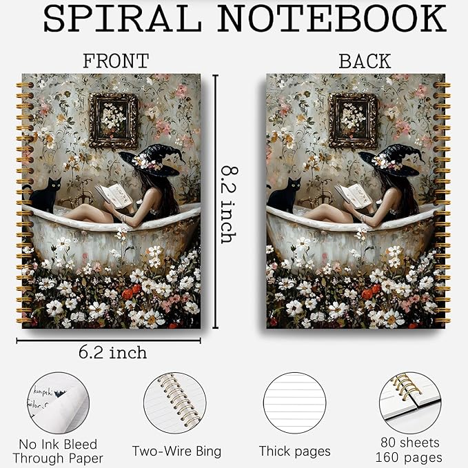 Witchy Notebook, Vintage Floral Black Cat Witch Journal Notebook, Dark Academia Gothic Notebook Journal, Witch Gifts, Witchy Gifts for Women, Goth Office Supplies, Spiral Notebook 5.5x8.3 Inch