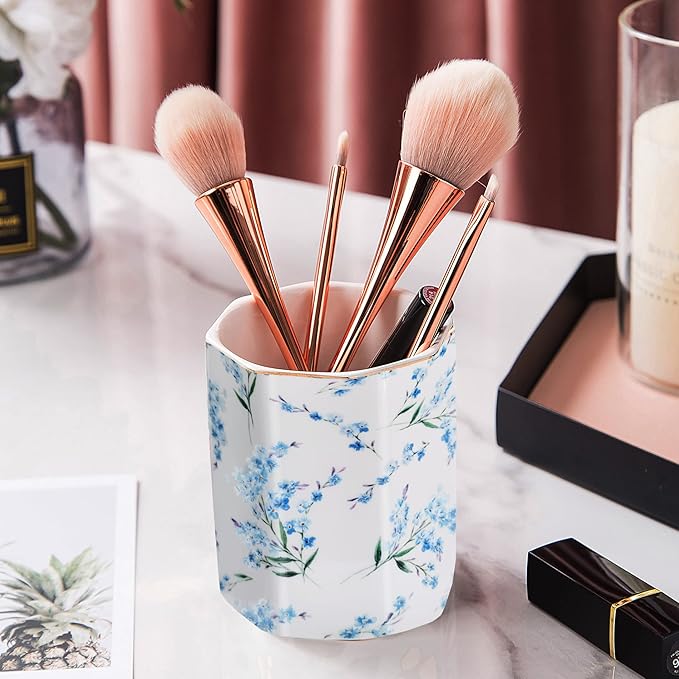 Pencil Holder for Desk Organizer,Ceramic Writing Utensil Storage Organizer Aesthetic Floral Pattern Pen Holder Pen Cup Makeup Brush Holder Creative Gift for Desktop Supplies,School Life Blue