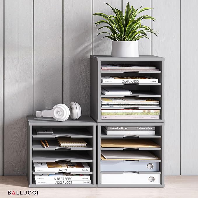 Ballucci File Organizer Paper Sorter, 5 Tier Adjustable Shelves Office Desk Organizer, 13 5/8" x 9 1/4" x 12", Gray