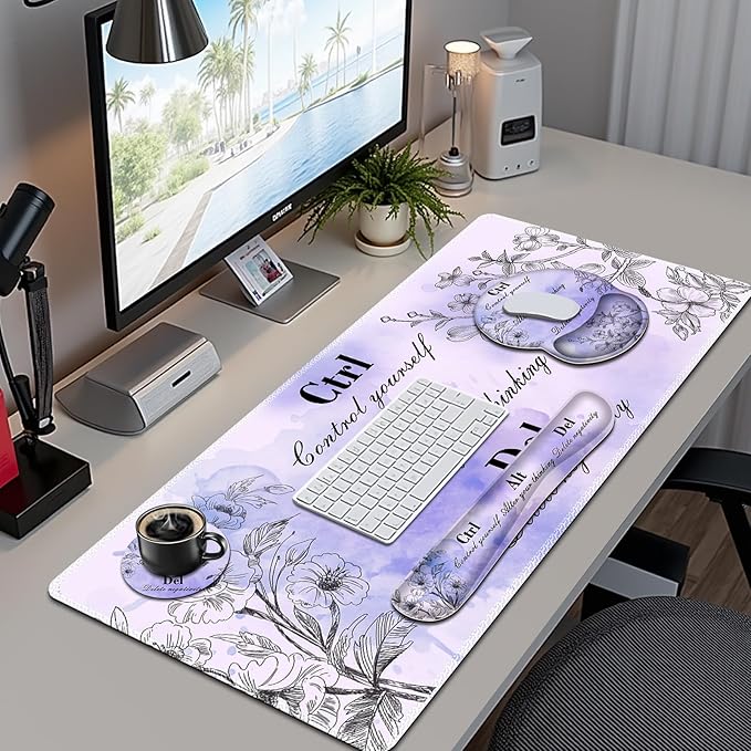 Mouse Pad, 4 in1 Large Desk Mat, Desk Pad Matt for Desktop, Anti-Slip XXL Big Computer Ergonomic Mousepad with Wrist Support for Keyboard and Mouse for Women I Purple Positive Quotes