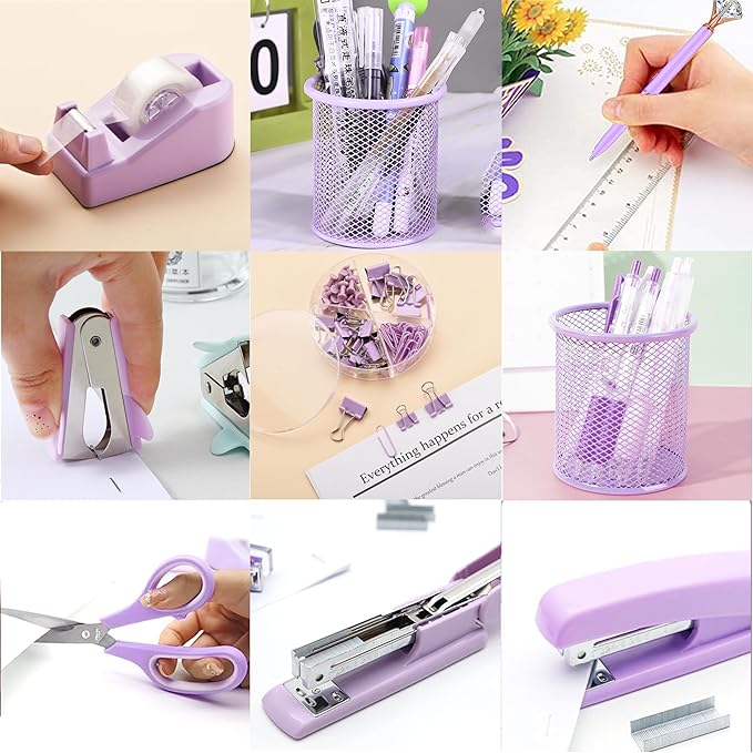 Purple Office Supplies, Purple Desk Accessories, Stapler, Staple Remover, Tape Holder, Pen Holder, Ballpoint Pen, Scissor, Binder Clips, Paper Clips and 1000pcs Staples.