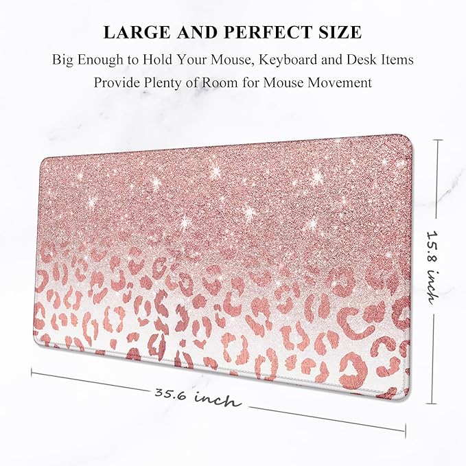 Auhoahsil Large Mouse Pad, XXL Desk Pad, Extened 35" x 15", Non-Slip Rubber Base, Stitched Edges, Superior Surface, Waterproof Keyboard Mat, Large Mousepad for Gamer, Office & Home, Pink Gold Leopard