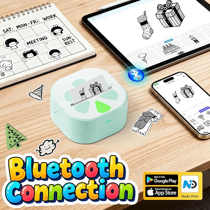 Sticker Printer Mini Print Pod, Bluetooth Thermal Sticker Maker Machine with 3 Roll Paper, D20 Portable Inkless Pocket impresora portátil Picture Label Printer for Phone DIYJournal Kids Gift