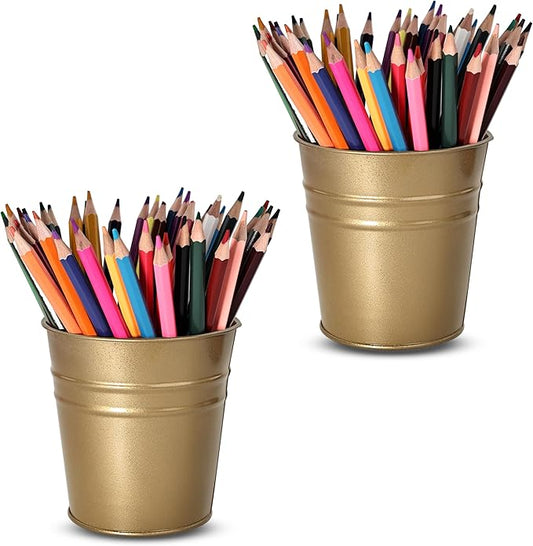 Pen Holder Cups for Desk,Metal Pencil Holder,Marker Pen Storage Holder Desktop Stationery Organizer Makeup Brush Holders, Desk Accessories & Workspace Organizers for Office School Home -2 Pack (Gold)