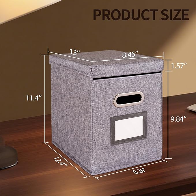 2 Pack Hanging File Folders Organizer with Lid, Letter Size Fabric File Storage Box Collapsible, Portable Office Document Holder with Metal Handle, Smooth PVC Rails, Gray