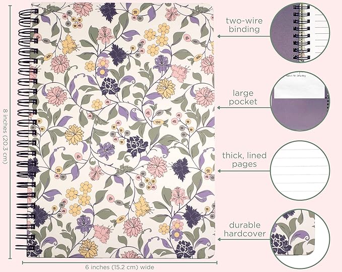 Steel Mill & Co Cute Floral Mini Spiral Notebook, 8.25" x 6.25" Journal with Durable Hardcover and 160 Lined Pages, Purple Vine Ditsy