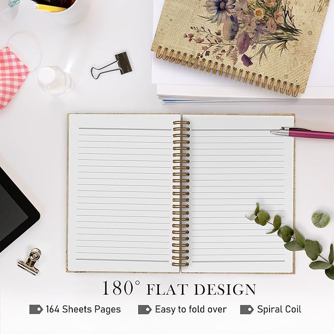 Vintage Purple Floral Spiral Notebook, Flower Journal Notebook, Floral Journal, Boho Botanical Office Supplies Gifts for Women Men, Retro Floral Plant Notebooks for School Work, 5.5x8.3 Inch