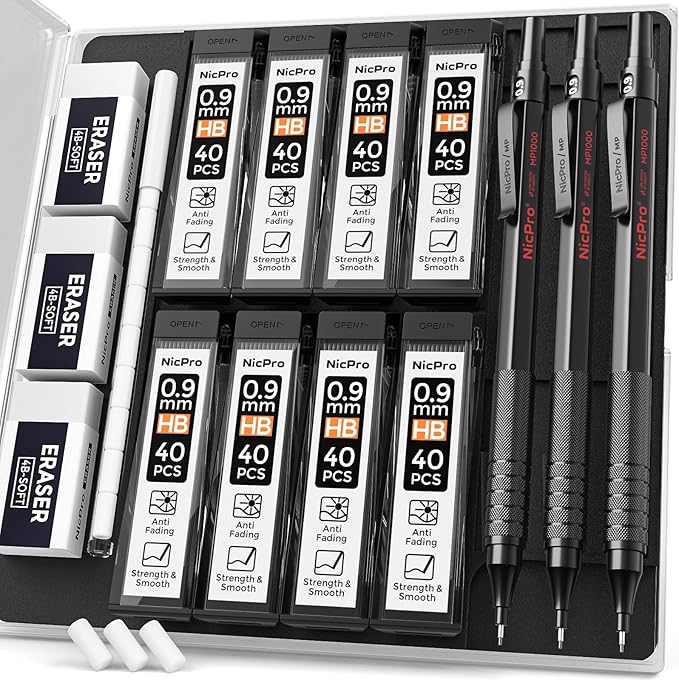 Nicpro 0.9 Metal Mechanical Pencil Set with Case, 3PCS Black MP1000 0.9mm Drafting Pencil, 8 Tubes HB Lead Refills, 3PCS Erasers, Erasers Refills for Artist Writing, Drawing, Sketching