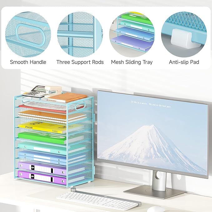 9 Tier Paper Organizer with Handle, Large Capacity Desk Organizer Mesh File Folder Letter Paper Tray Desktop Document Sorter for Classroom, School, and Office Accessories Organization- Blue
