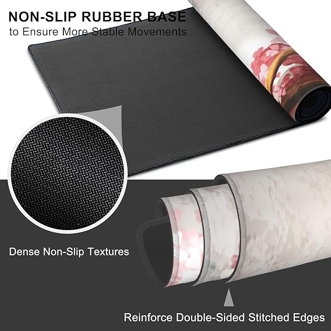 Mouse Pad, Large Blooming Sakura Desk Mat, Extended Non-Slip Gaming Keyboard Mousepad Desk Pad, Thick Stitched Edges Waterproof Mouse Mat 31.5"x15.7" (Cherry Branch)