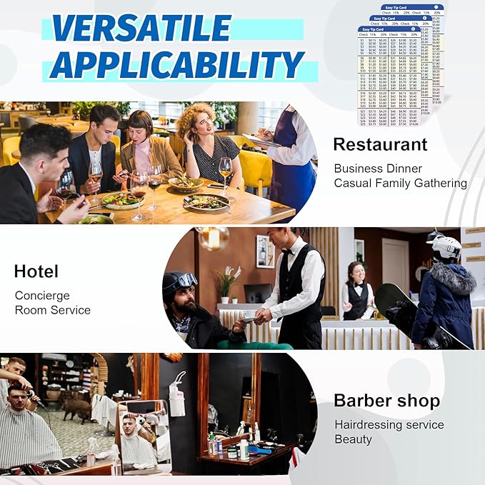 6 PCS Card Size Tip Card for Wallet 15 and 20 Percent Tip Calculator Card 2.1 x 3.3 inch Durable Wallet Card for Restaurant Delivery Hotel Waitress $1 to $100 with 15% and 20%