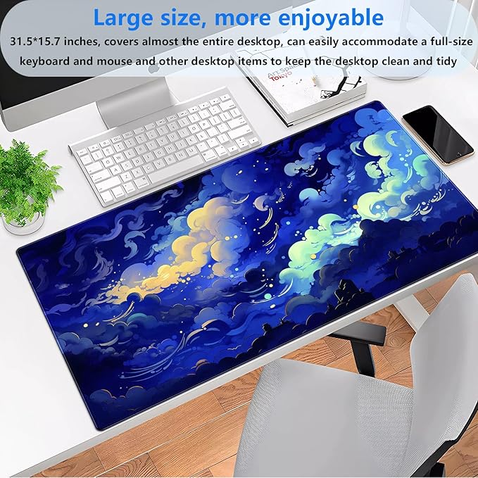 XL Gaming Desk Pad Kawaii Dark Blue Clouds Design, Non-Slip Surface & Stitched Edges, 31.5x15.7 in - Cute Aesthetic for Office or Gaming Setup