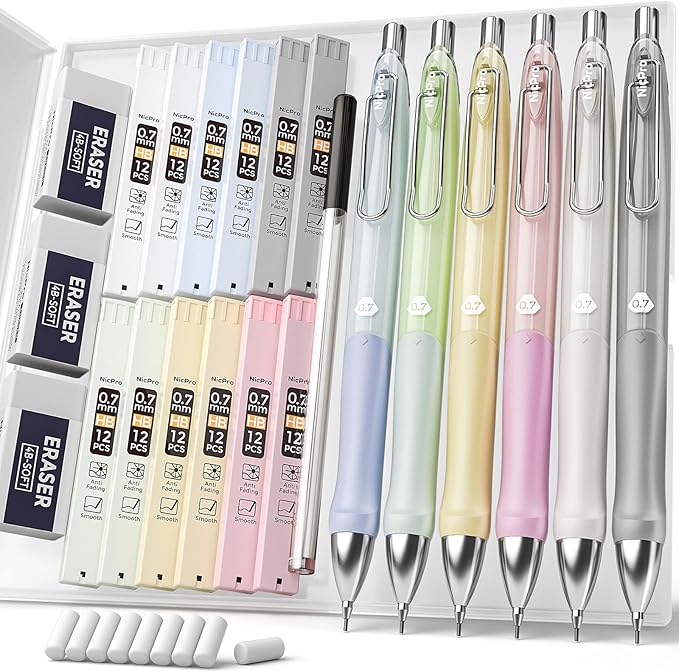 Nicpro 6PCS Pastel Mechanical Pencil Set 0.7 mm, Cute Mechanical Pencils with Comfort Grip with 12 Tubes HB Lead Refill, 3 Eraser, 9 Eraser Refills for Student Writing, Drawing, Sketching- with Case