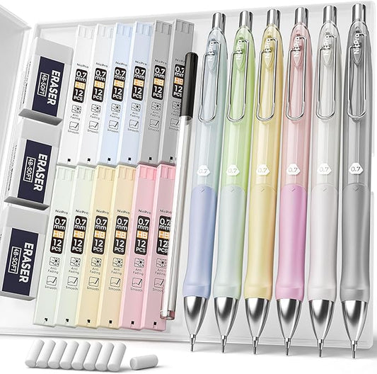 Nicpro 6PCS Pastel Mechanical Pencil Set 0.7 mm, Cute Mechanical Pencils with Comfort Grip with 12 Tubes HB Lead Refill, 3 Eraser, 9 Eraser Refills for Student Writing, Drawing, Sketching- with Case