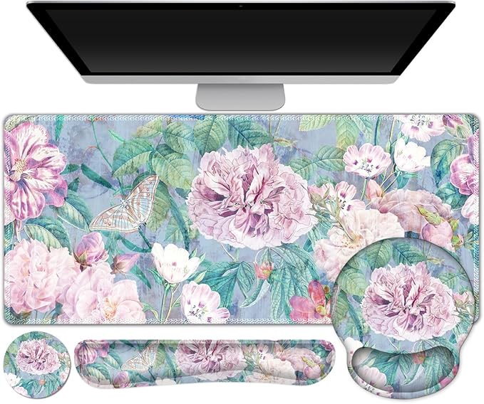 ARTSO Large Mouse Pad and Keyboard Wrist Rest, Desk Pad for Keyboard and Mouse, 4in1 Large Gaming Mouse Pad with Wrist Support, Desk Mat for Home Office Game, Retro Flowers