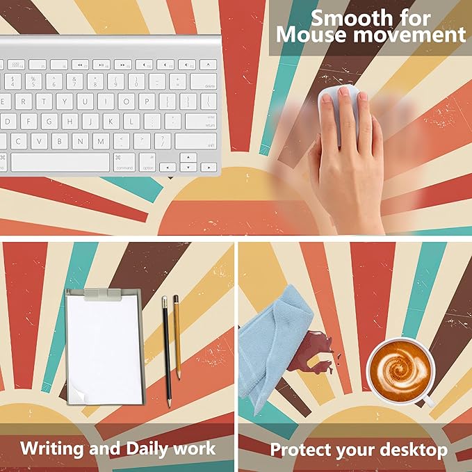 MIOAOSRT Desk Mat,Colourful Vintage Sunburst Gaming Mouse Pad,XXL Extended Mouse Pad Mat for Office,Computer,Keyboard with Non-Slip Base Stitched Eges Mousepad 35.4x15.75 inch