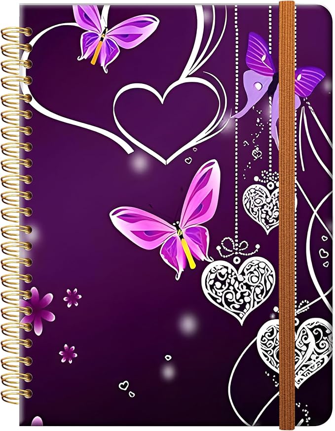Ruled Spiral Writing Notebook,A5 Hardcover Lined College Journal for Women,Strong Twin-Wire Binding with Premium Paper,8.4" X 6",Perfect for School,Office,Home(Purple Heart Butterfly)