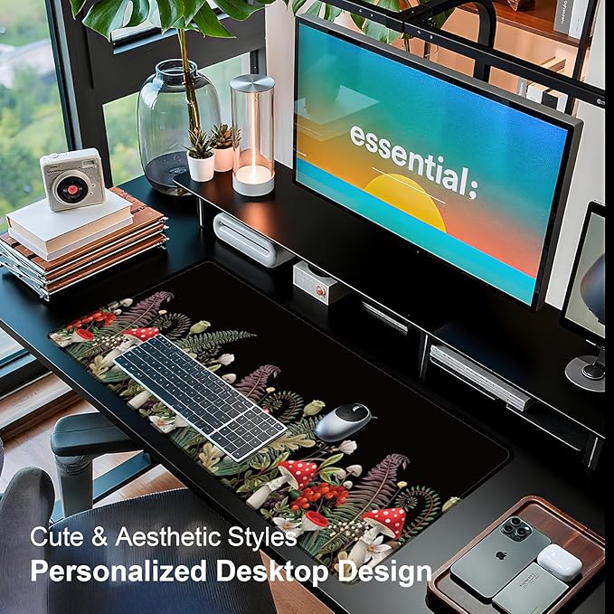 Large Desk Mat, Desk Matt for Desktop, Computer Gaming Mouse Pads, Anti-Slip Rubber Base, Stitched Edges Soft Mat for Desktop Office Home 31.5 x 11.8 Inches (Mystical Mushroom)