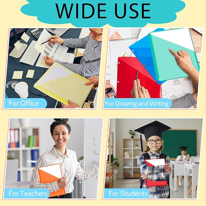 Maitys 50 Pack Binder Pockets 3 Hole Punch Clear Plastic Document Folders Binder Organizer Store Letter Size 8.5x11 Inch Paper Folders with Pockets Slash File Jacket for Office (Bright Colors)