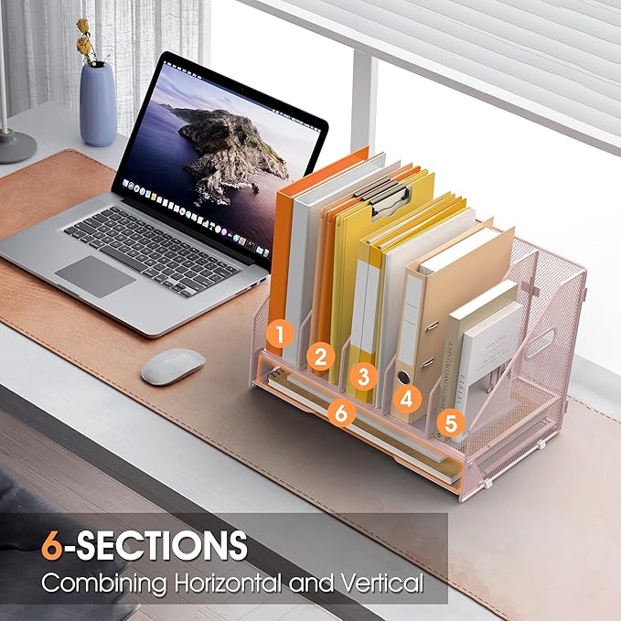 Desk File Folder Holder Organizer-5 Vertical Compartments Racks and Paper Letter Tray,Mesh Magazine File Holder Sorter,Desktop Accessories & Workspace Organizers for Home,Office,School-Pink