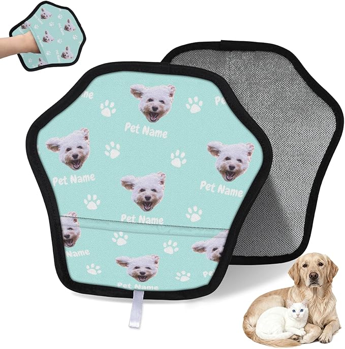 Personalized Pet Hair Remover Glove for Dogs & Cats - Custom Photo & Name Magic Brush for Dog Cat Hair Removal, Reusable Electrostatic Pet Hair Gloves for Furniture Carpet Couch, Face Paw Cyan