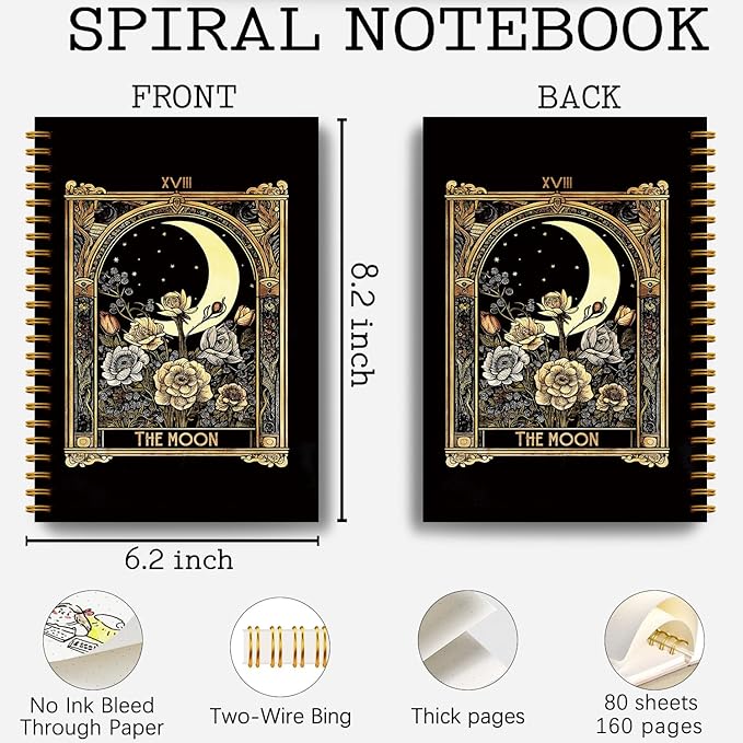 Guymn the Moon Tarot Journal Notebook, Mystical Witchy Celestial Journal, Witchy Gifts for Women, Witch Aesthetic Hardcover Spiral Notebooks 5.5x8.3 Inch