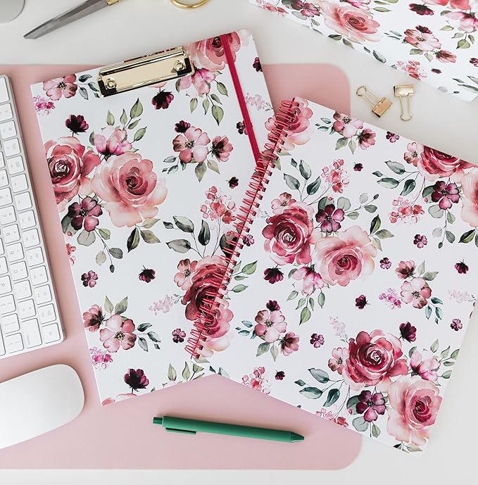 Steel Mill & Co Cute Mini Spiral Notebook, 8.25" x 6.25" Journal with Durable Hardcover and 160 Lined Pages, Rose Floral
