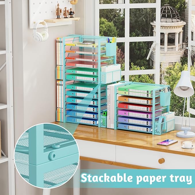 Simple Trending 6 Tier Desk File Organizer, Paper Letter Tray Organizer with File Holder and Pen Container, Blue