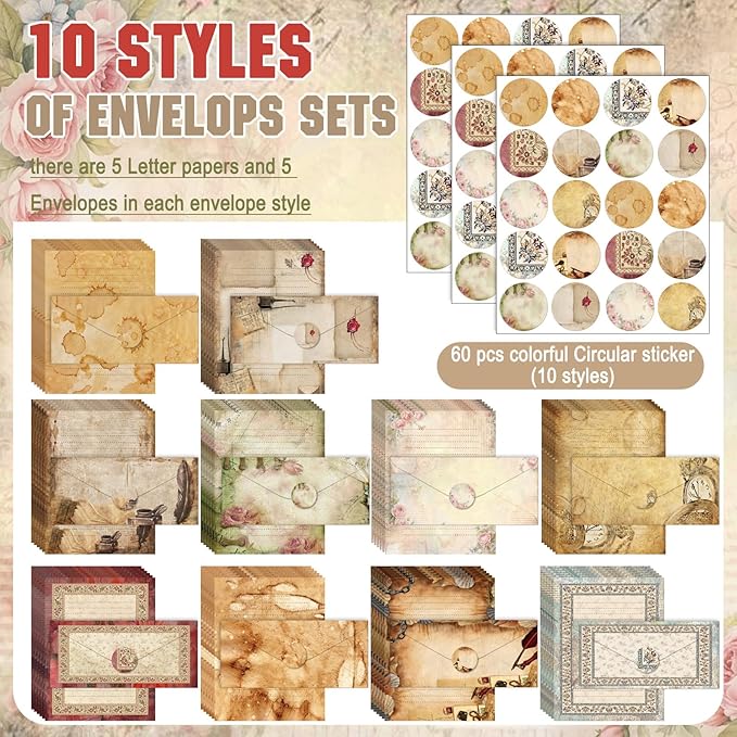 TaoBary 160 Pcs Stationery Paper Set 50 Double Sided Stationery Papers with 50 Matching Envelopes and 60 Round Dot Sticker, 10 Design(Lace Edged Scrapbook,8.5 x 11 Inch)