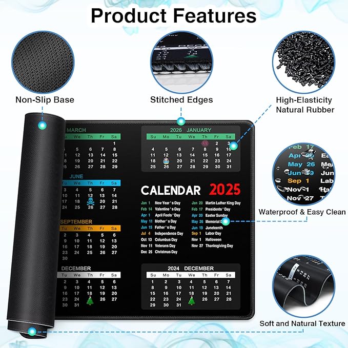 Mouse Pad, Non-Slip 2025 Calendar Desk Pad Protector, Extended Gaming Computer Keyboard Mouse Mat Desk Pad for Laptop with Stitched Edges 35.4×15.7in, Desk Writing Pad for Office and Home
