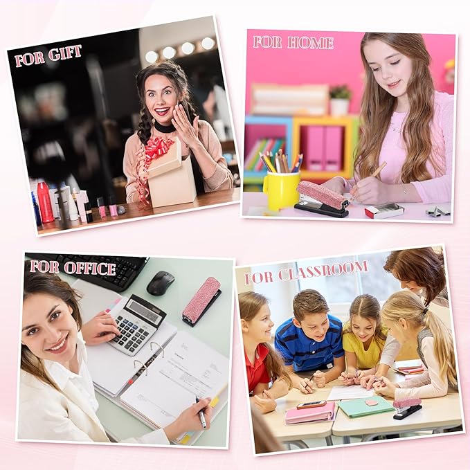 Yexiya Bling Crystal Stapler Gift Sparkly Diamond Stapler for Desk Handmade Clay Rhinestone Machine Pretty Office Stationery Kit Stylish Accessory for Women Lady Christmas(Pink)