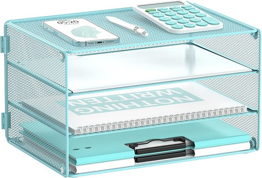 DALTACK 3 Tier Letter Tray Paper Organizer Mesh Metal Desk File Organizer for Home & Office, Light Blue