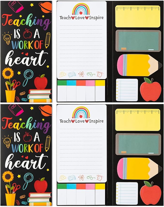 Xqumoi 2 Pcak Teaching is A Work of Heart Sticky Notes Set - Blackboard Pencil Apple Self-Stick Note Pads Teacher Appreciation Gift Writing Memo Pads Page Marker Back to School Office Supplies (Black)