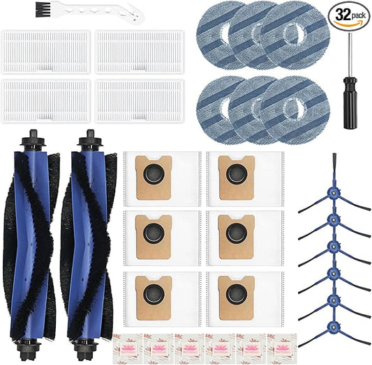 32-Piece Accessories Kit for Eufy Robot Vacuum Omni C20 – Includes: 2 Main Brushes, 4 Filters, 6 Mopping Pad, 6 Side Brushes, 6 Dust Bags, 6 Scented Tablets, 1 Cleaning Brush & 1 Screwdriver