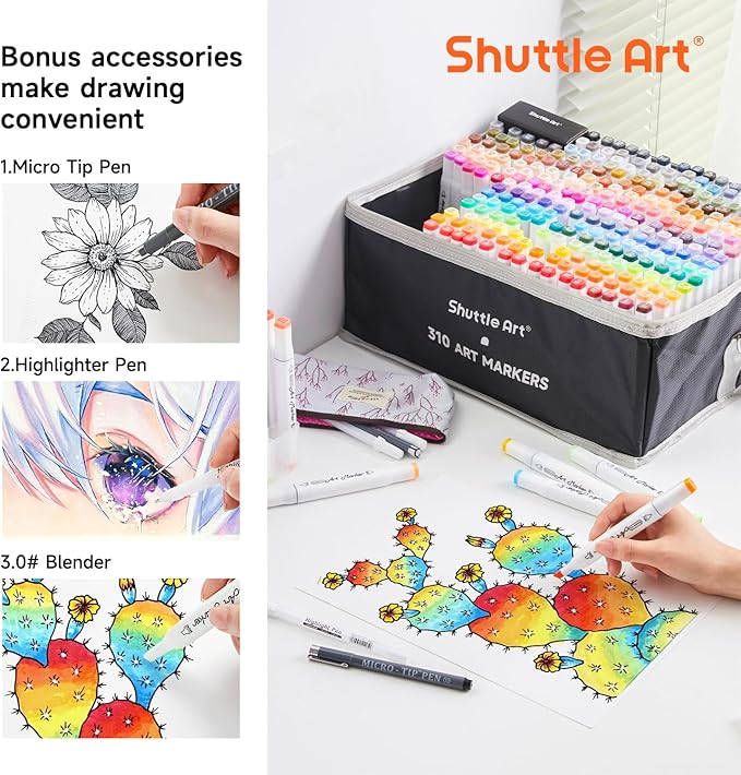 Shuttle Art 310 Colors Alcohol Markers, 309 Colors Dual Tip Art Marker Set Plus Colorless Blender, Micro-tip Pens, White Highlighter Pens, Marker Bag with Holders Perfect for Students Adults Coloring