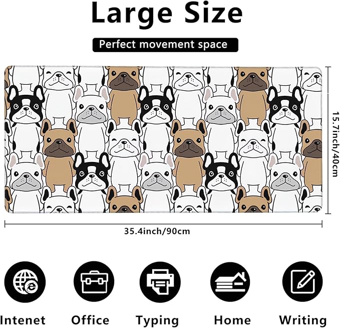 MIOAOSRT Cute Puppy Pet Desk Mat,French Bulldog Extended Gaming Mouse Pad,Large Non-Slip Rubber Base Mousepad with Stitched Edges,Waterproof Mouse Mat Desk Pad for Office Game Home 35.4x15.75 in
