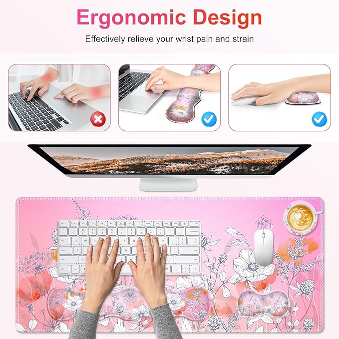 Gaming Mouse Pad Keyboard Wrist Support, 4 in1 Mousepad with Wrist Keyboard Rest, Computer Desk Mat, Non-Slip Desk Pad Protector with Memory Foam Easy Typing Pain Relief I Pink Flowers
