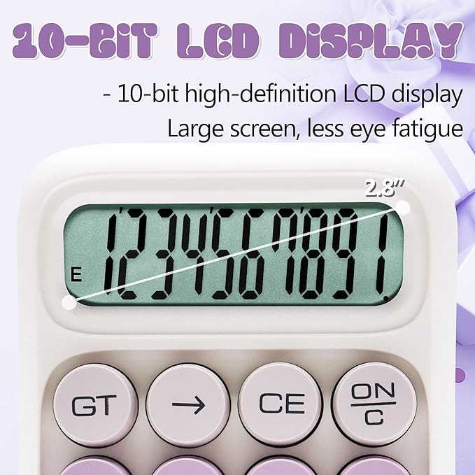 Mechanical Switch Calculator, 10 Digits, Large LCD Display, Purple, Big Buttons, Aesthetic
